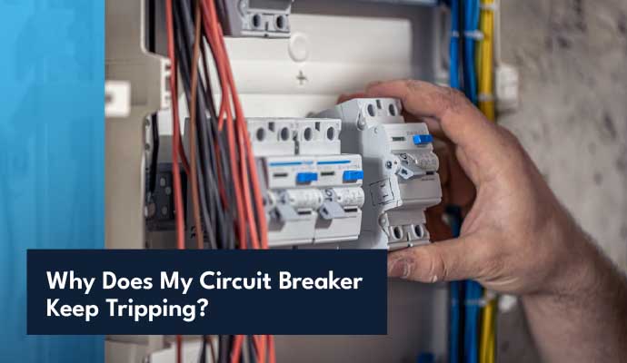 Electrical panel with a tripped circuit breaker requiring inspection and troubleshooting.