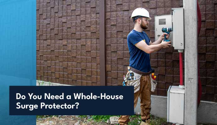 Whole-house surge protector installed to protect home electronics from power surges.
